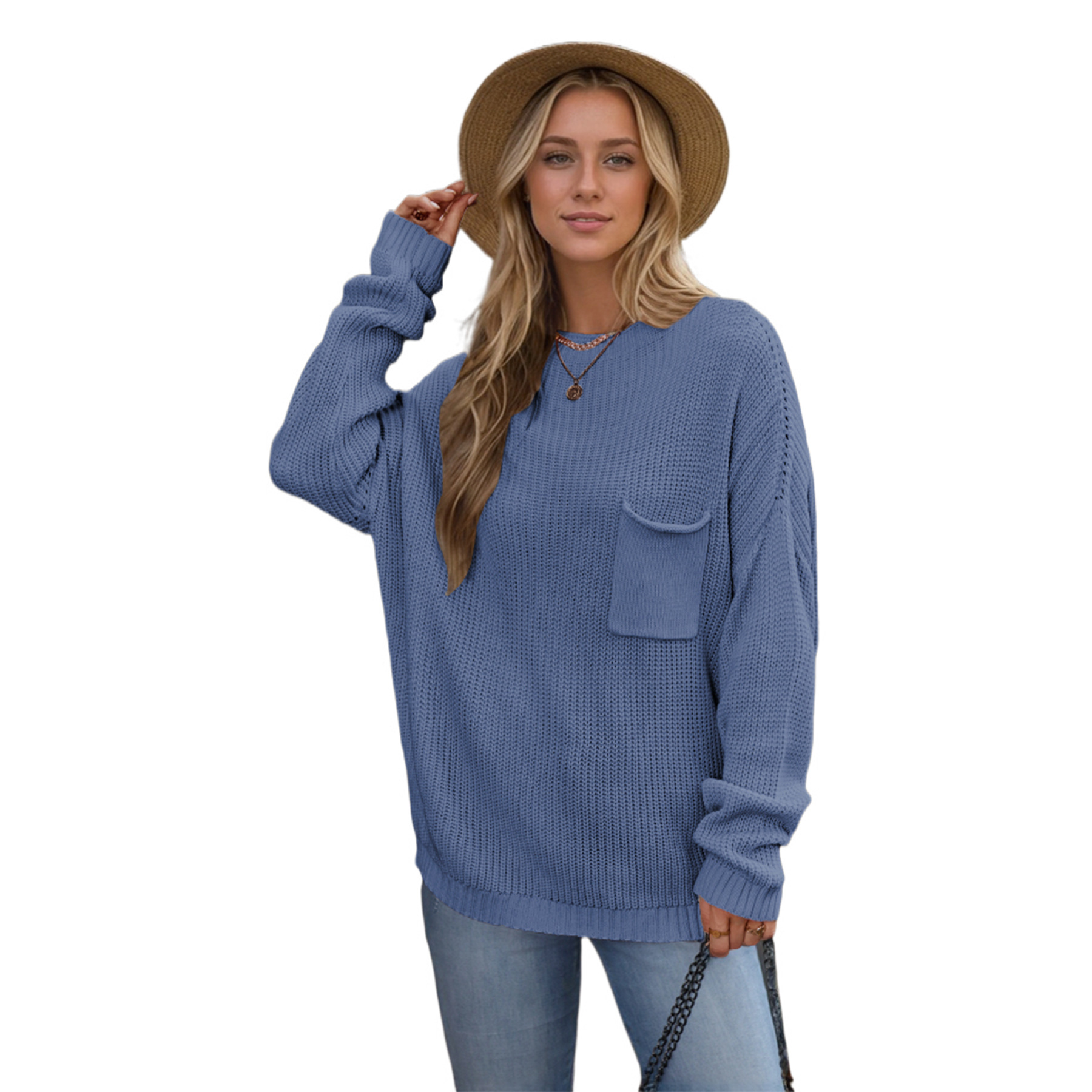 Solid Color Round Neck Pocket Knit Pullover Sweater for Women