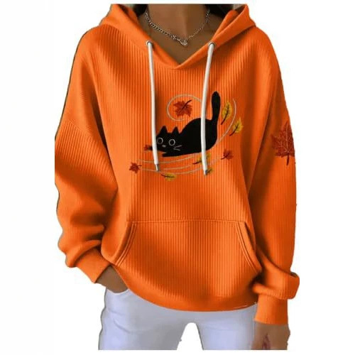 Women's Cat & Maple Leaf Print Casual Hoodie