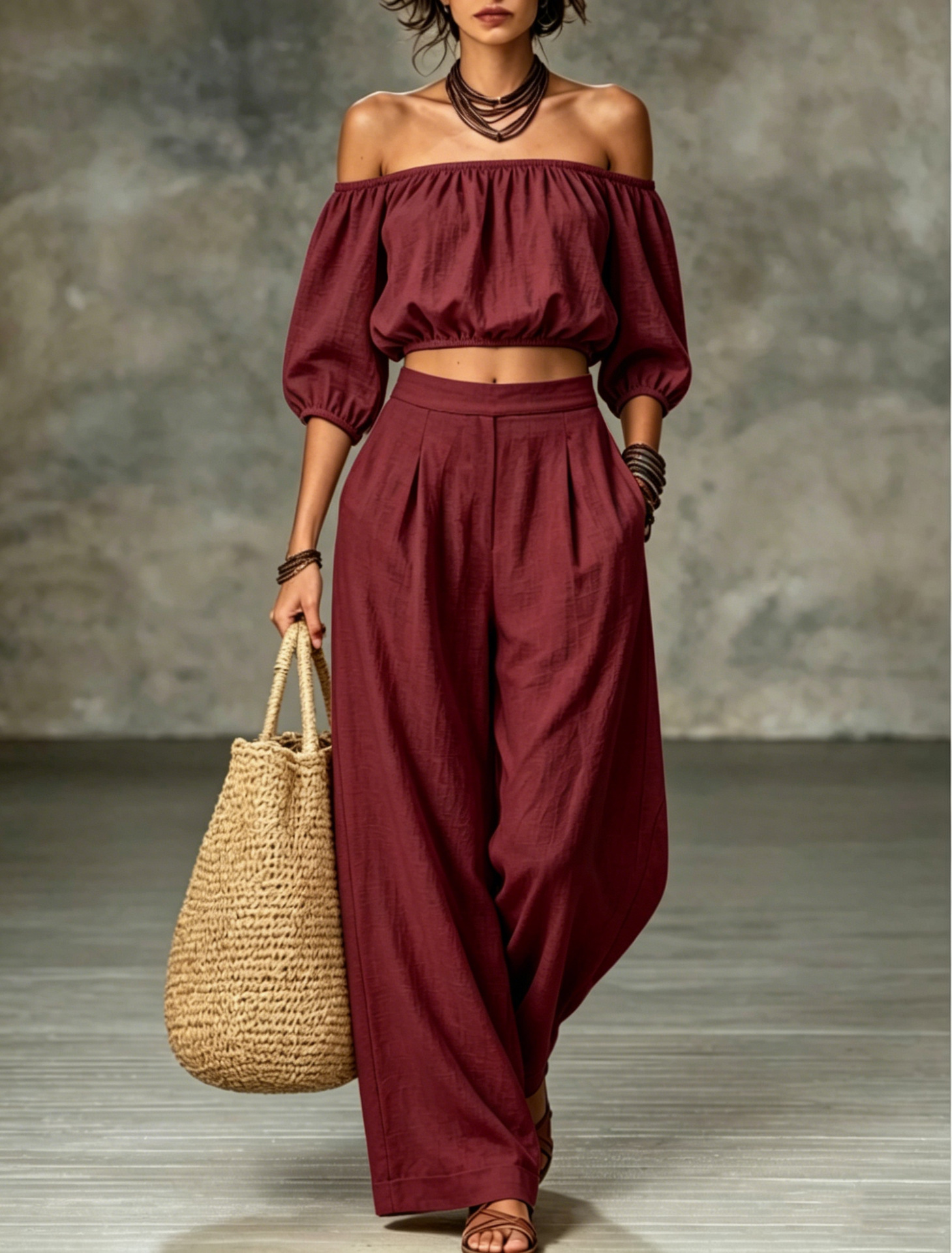 Off-Shoulder Lantern Sleeve High-Waist Wide-Leg Two-Piece Set