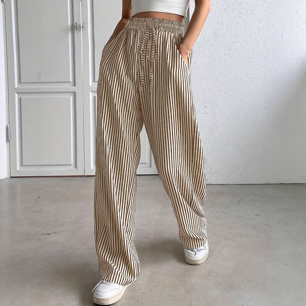 Striped Wide-Leg Drawstring Pants with Pockets