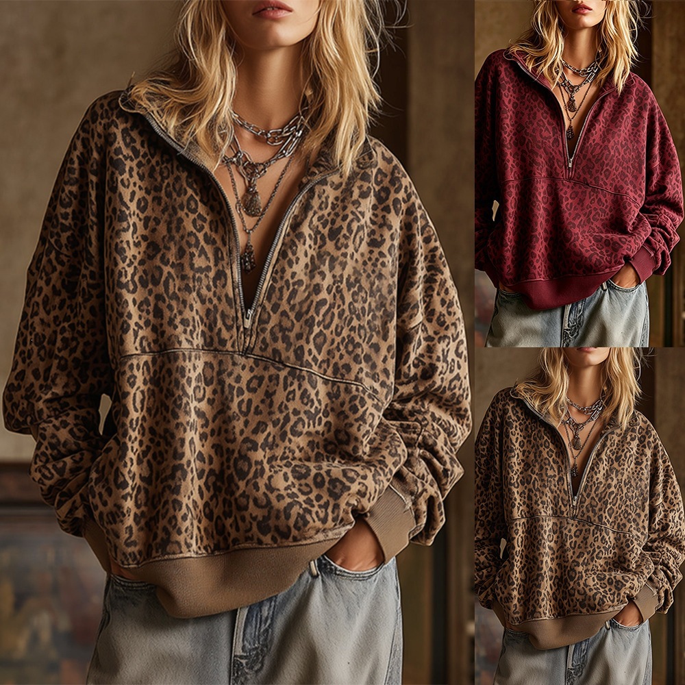 Women's Retro Leopard Print Stand Collar Loose Slimming Sweatshirt