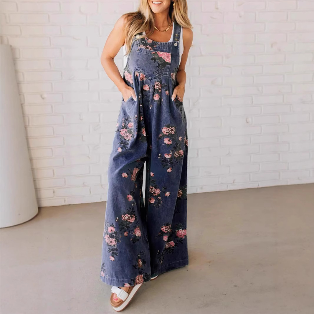 Floral Print Denim Sleeveless Jumpsuit with Pockets