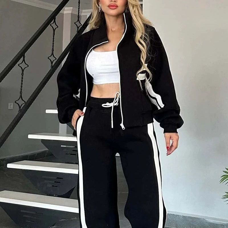 Women's Colorblock Two-Piece Lounge Set Zip Cardigan & Wide-Leg Pants