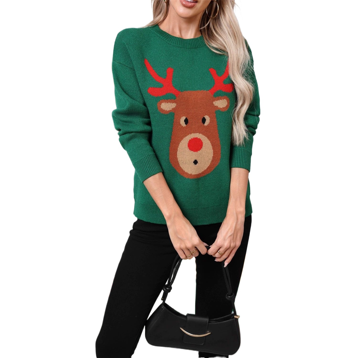 Plus Size Christmas Cartoon Reindeer Pullover Sweater Long Sleeve Green