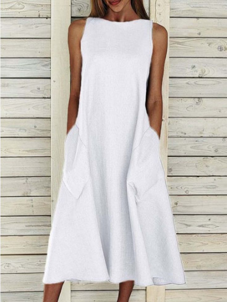 Solid Crewneck Short Sleeve Dress with Patch Pockets
