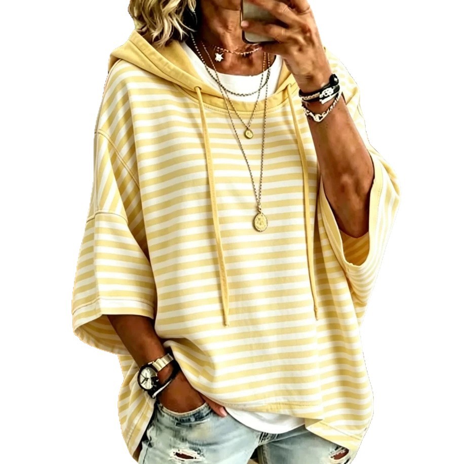 Women's Striped Hooded Pullover Sweatshirt with 3/4 Sleeves