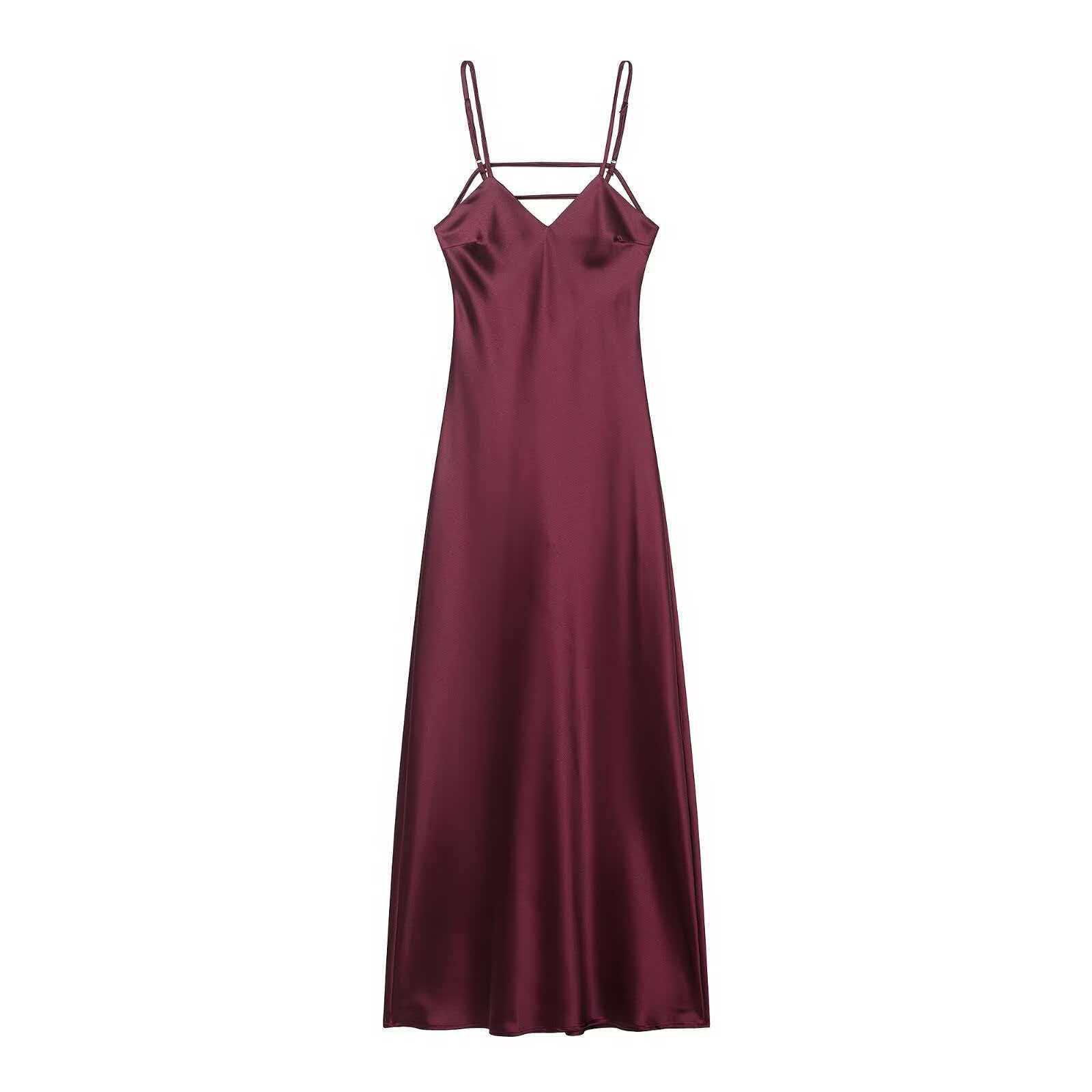 Satin-Feel Midi Cami Dress with V-Neck and Trim