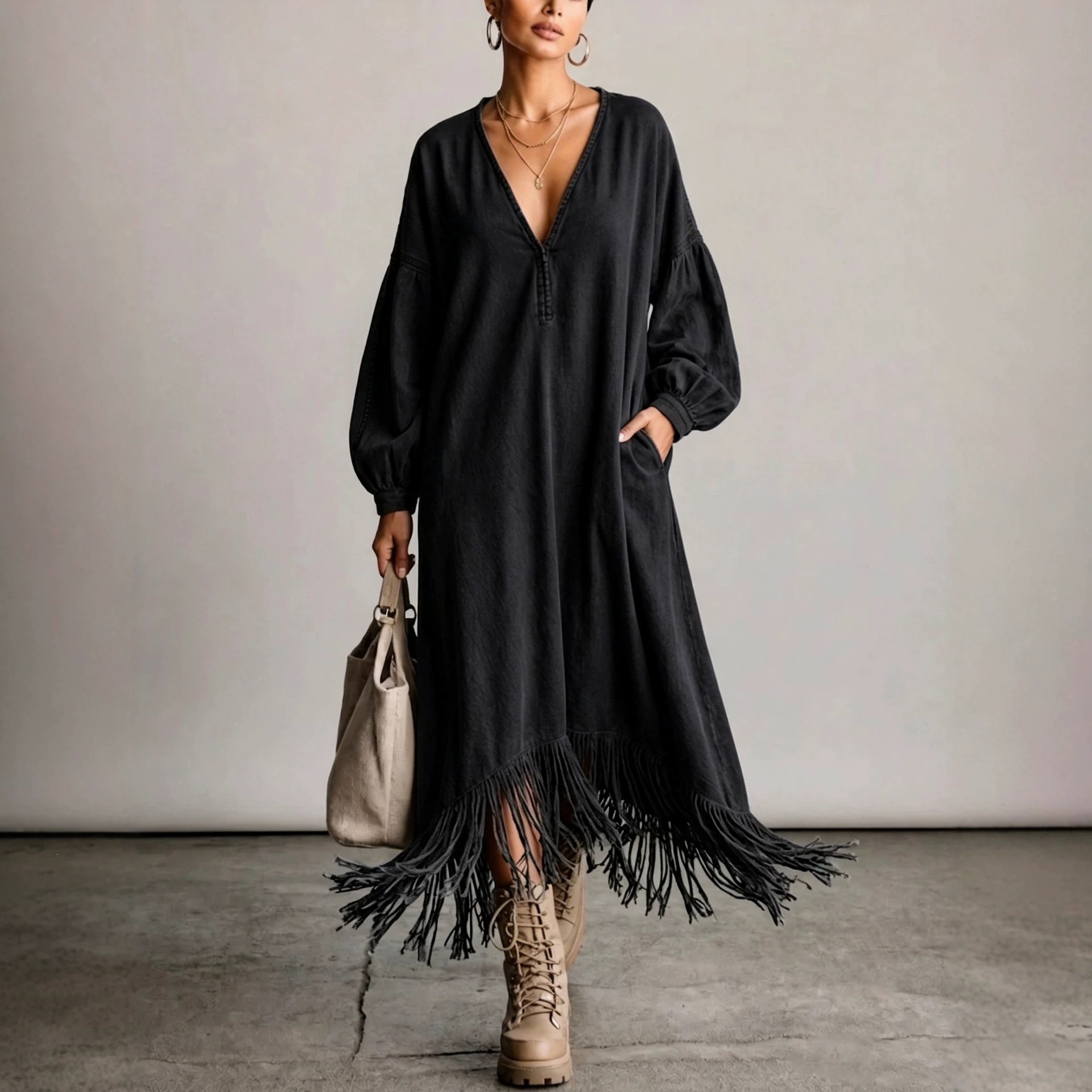 Distressed Washed V-Neck Lantern Sleeve Fringe Maxi Dress with Pockets
