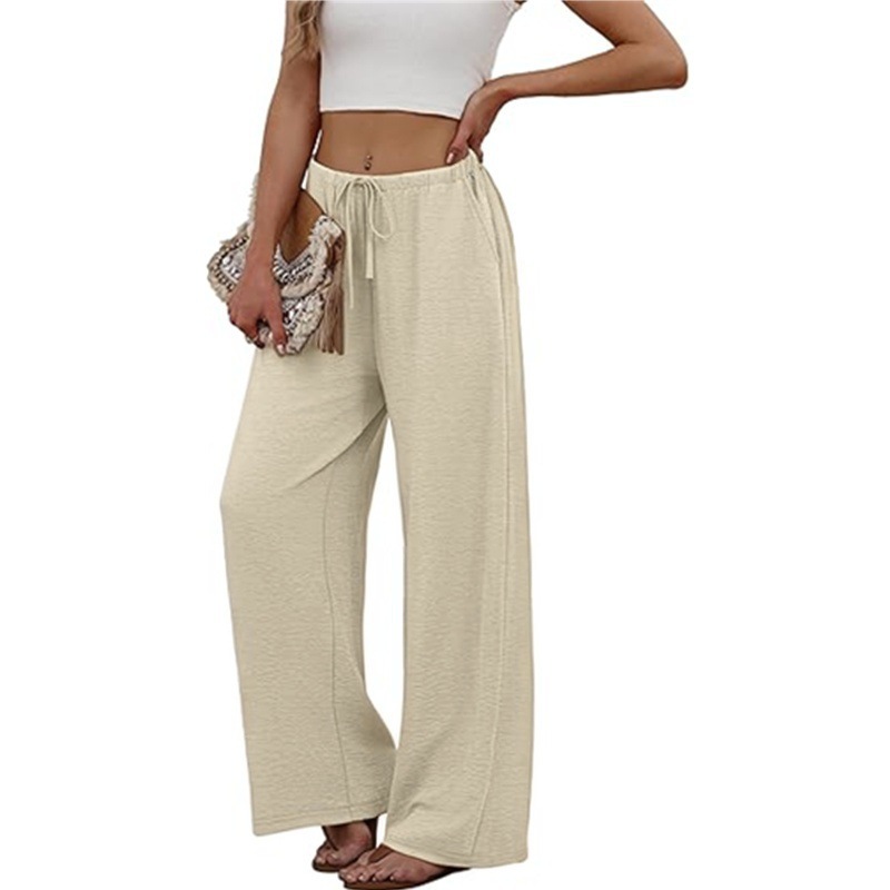 Women's Solid Color Elastic Waist Wide-Leg Beach Pants with Pockets