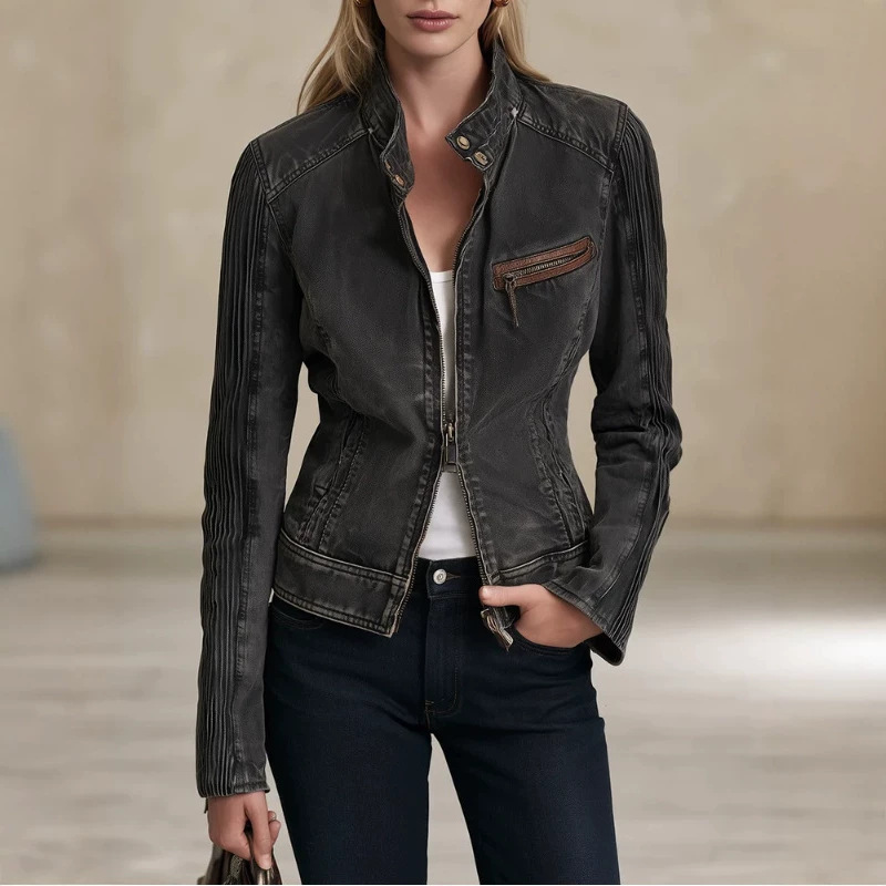 Women's Vintage Black Gray Washed Denim Moto Jacket