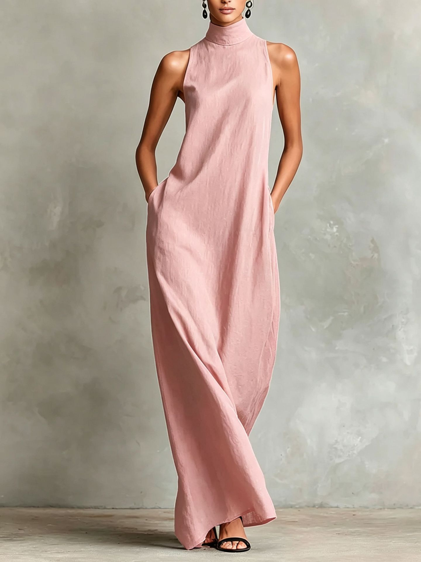 Linen-Blend High-Neck Sleeveless A-Line Long Dress with Side Pockets