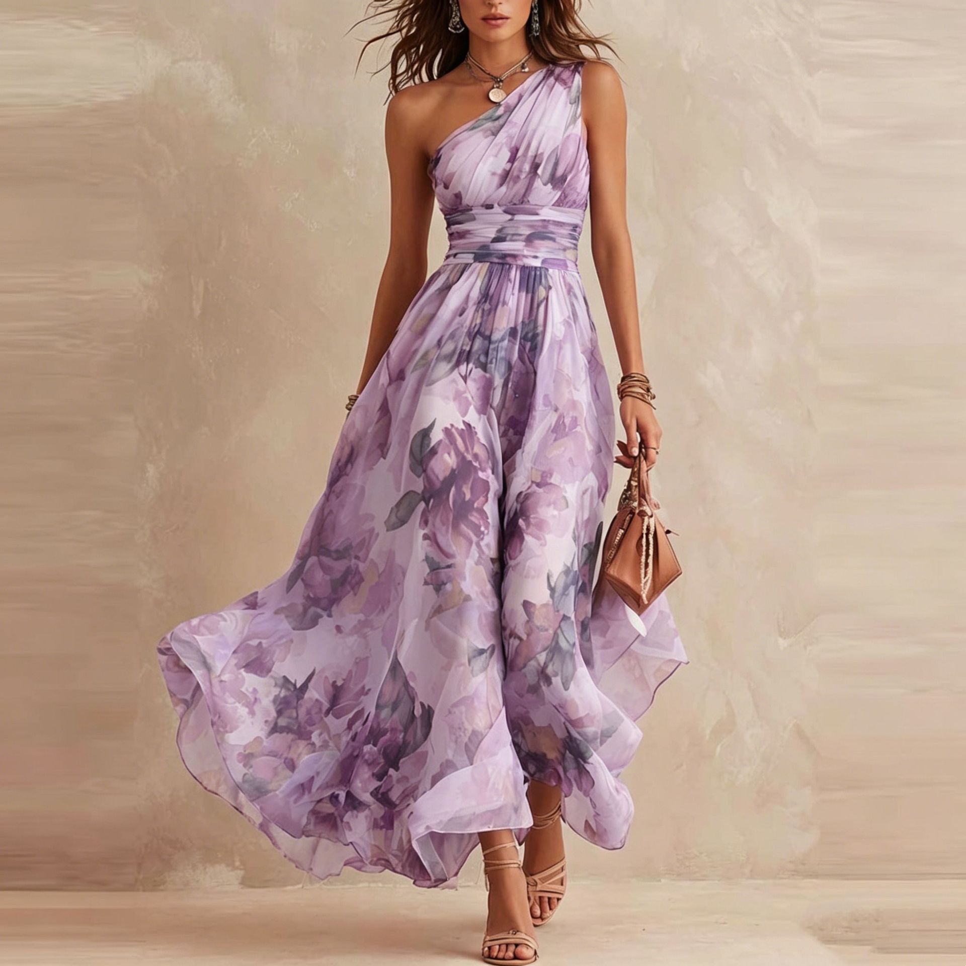 Floral Print Asymmetric Neckline High Waist Sleeveless Maxi Dress