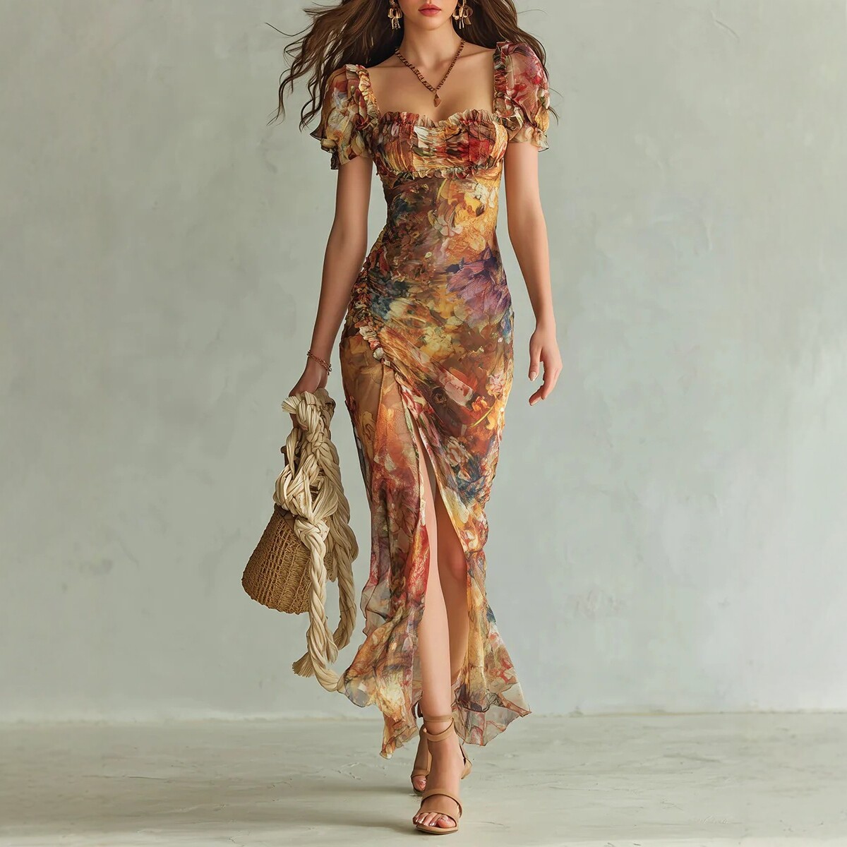 V-Neck Waist-Cinched Ruffle Midi Dress
