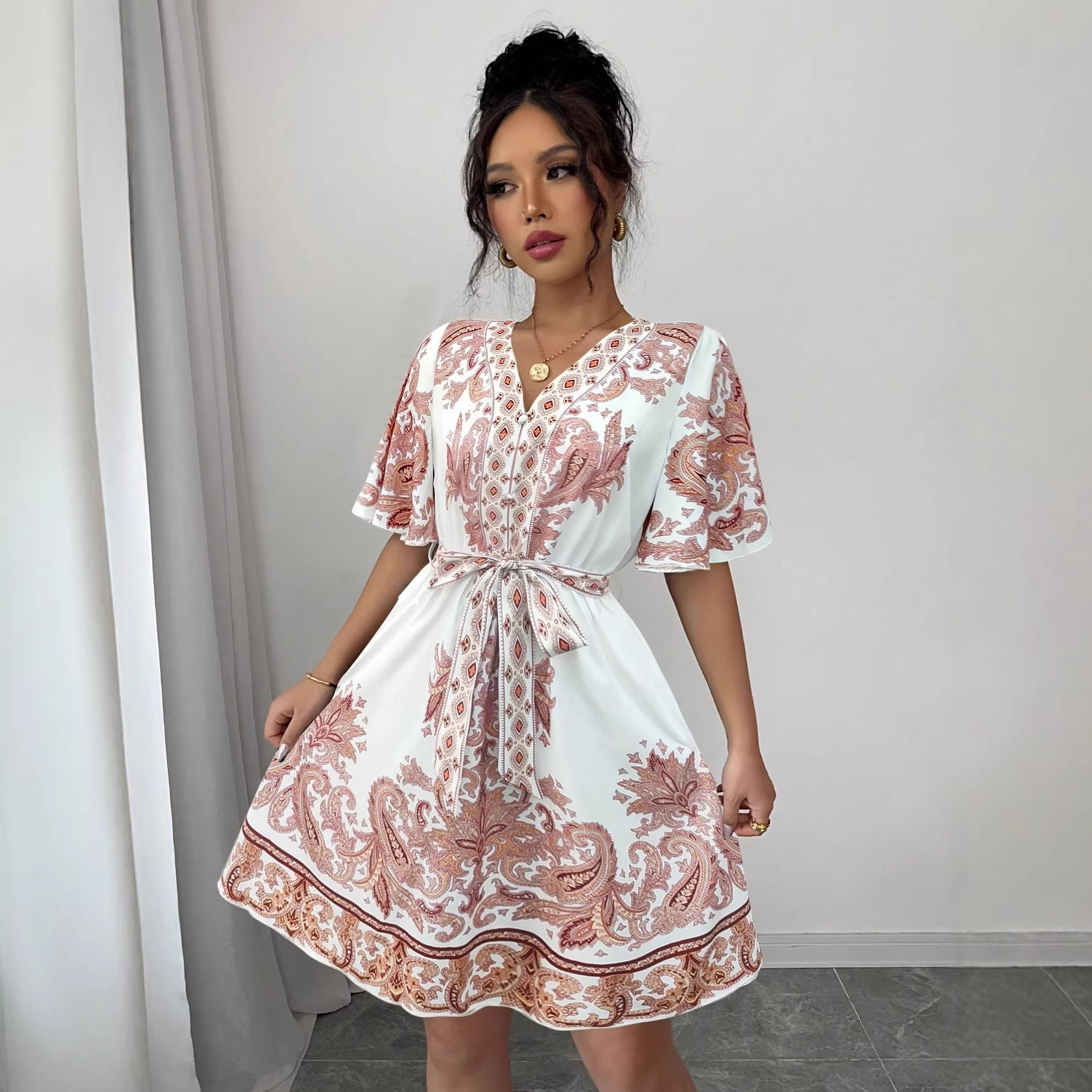 Bohemian V-Neck Tie-Waist Floral Print Vacation Dress