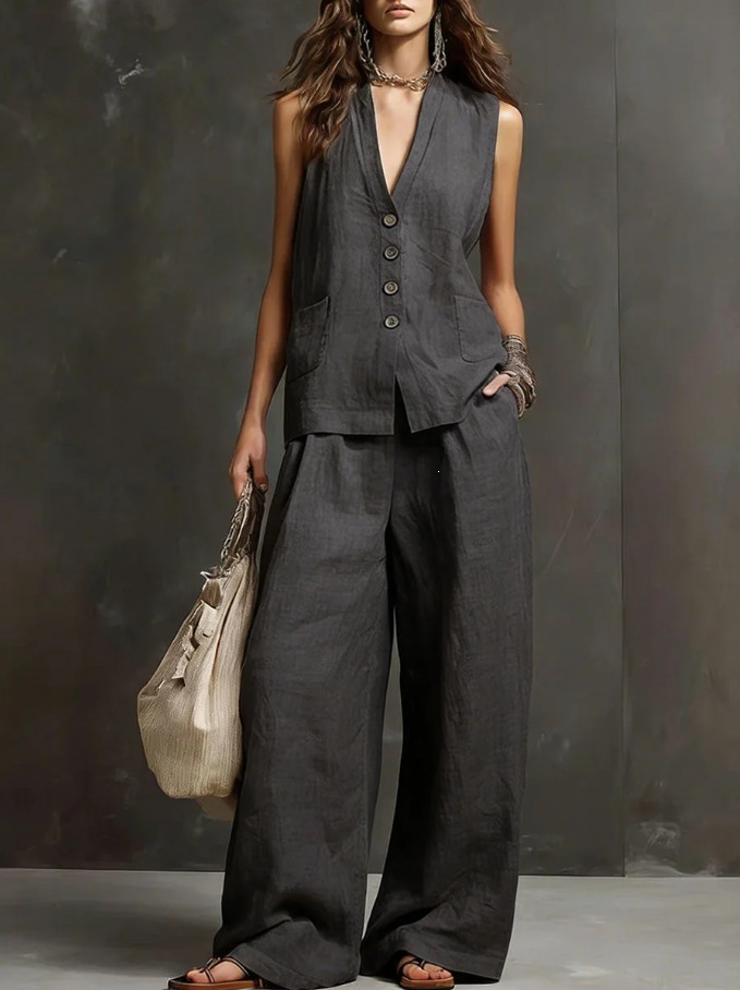 Women's Sleeveless Vest Top and Wide-Leg Pants Cotton-Linen Two-Piece Set