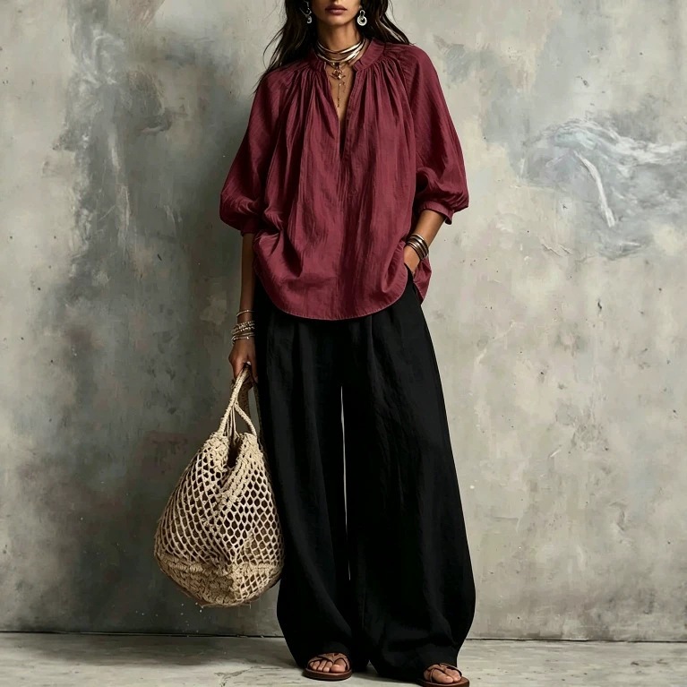 Women's Solid Color Stand Collar Lantern Sleeve Top & Wide-Leg Pants Two-Piece Set