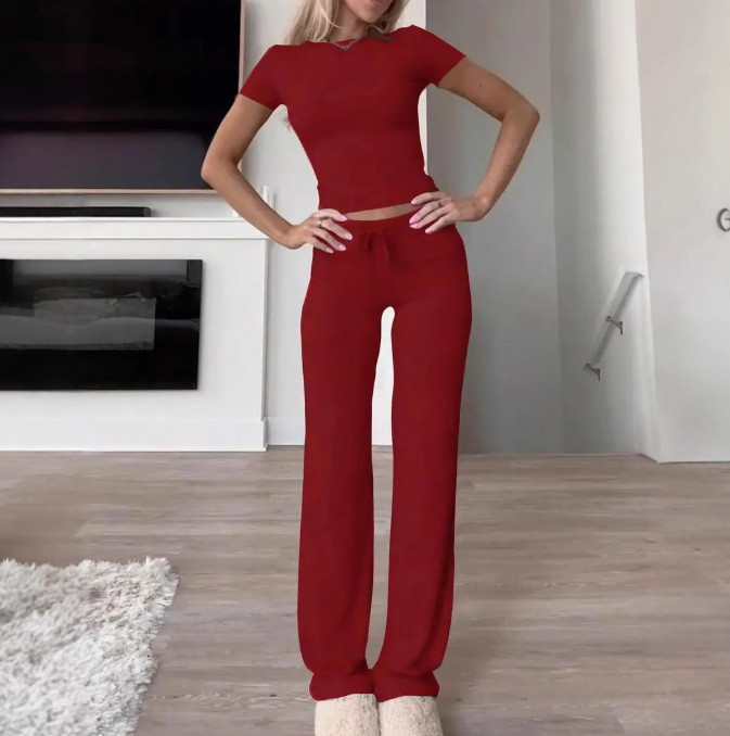 Women's Solid Color Short Sleeve Top & Long Pants Two-Piece Set
