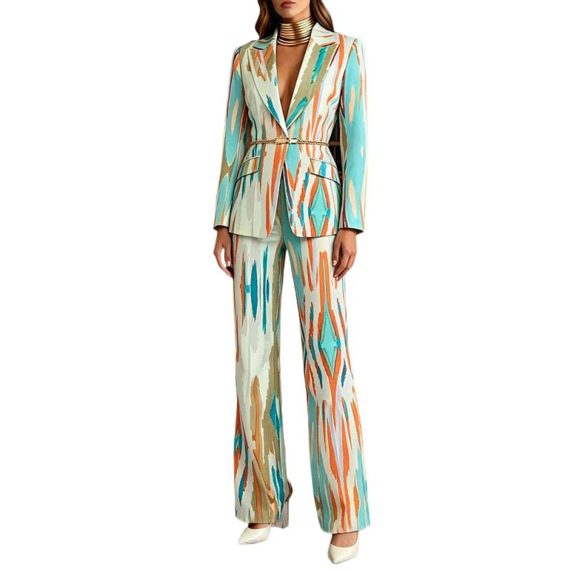 Women's Printed Blazer and Pants Set Long Sleeve Two-Piece Suit