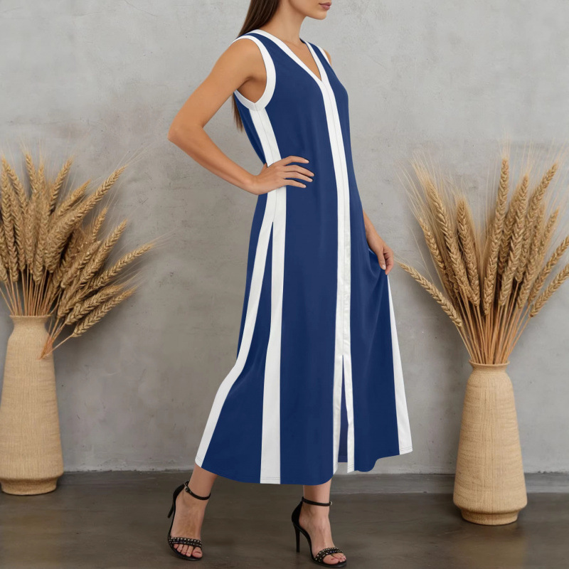 Blue & White Colorblock Sleeveless V-Neck Midi Dress Loose Casual Split