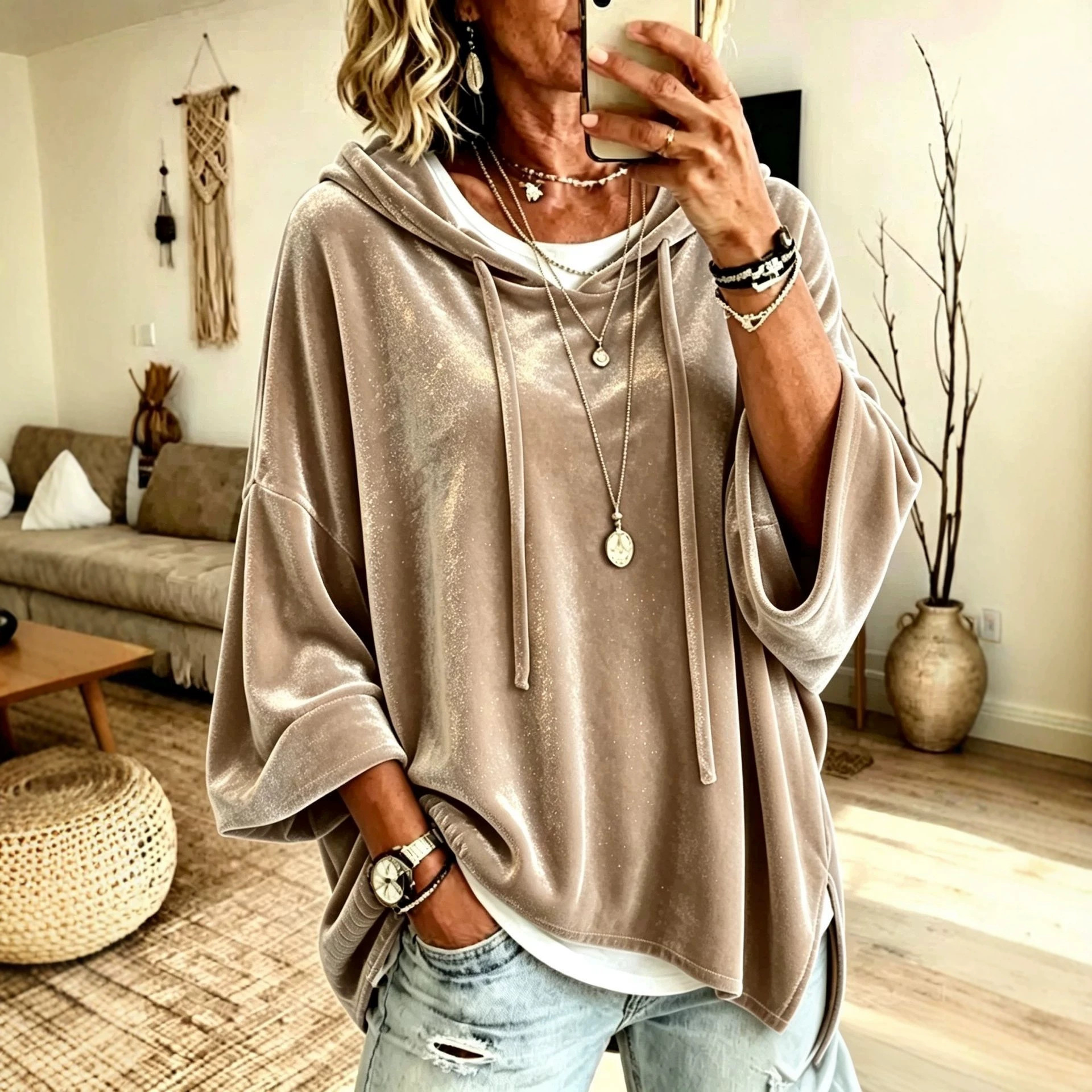 Solid Color 3/4 Sleeve Hooded Drawstring Loose Casual Sweatshirt for Women