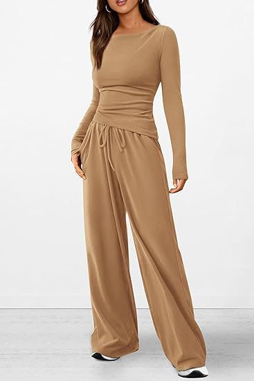 Women's Asymmetric Long Sleeve Top & Wide Leg Pants Set