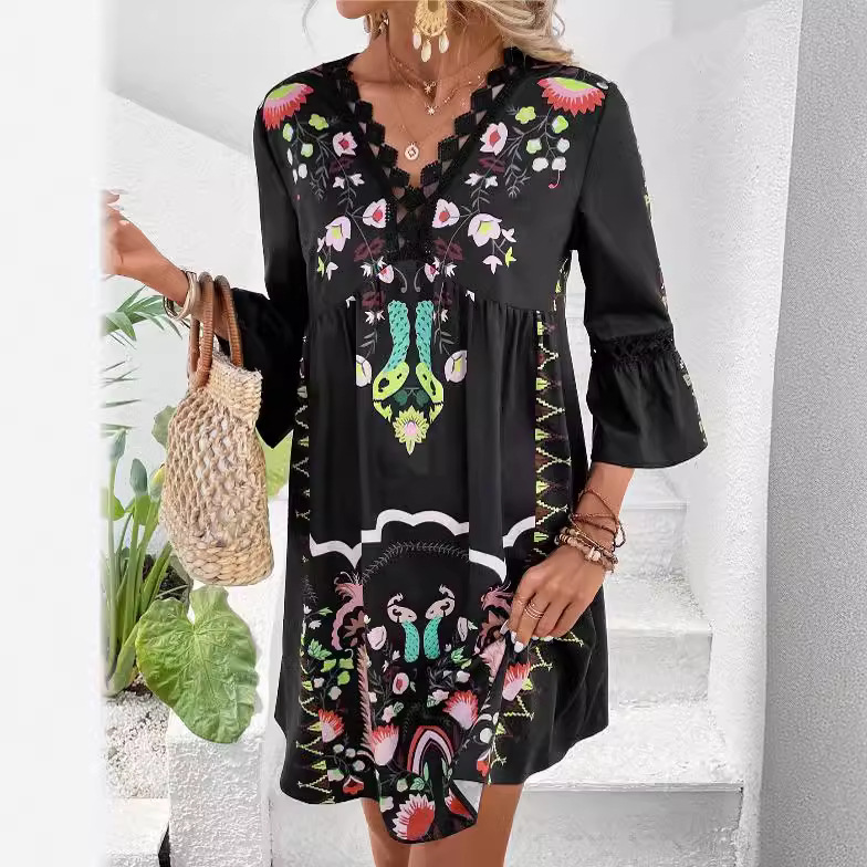 V-Neck Lace Panel Floral Print Casual Dress