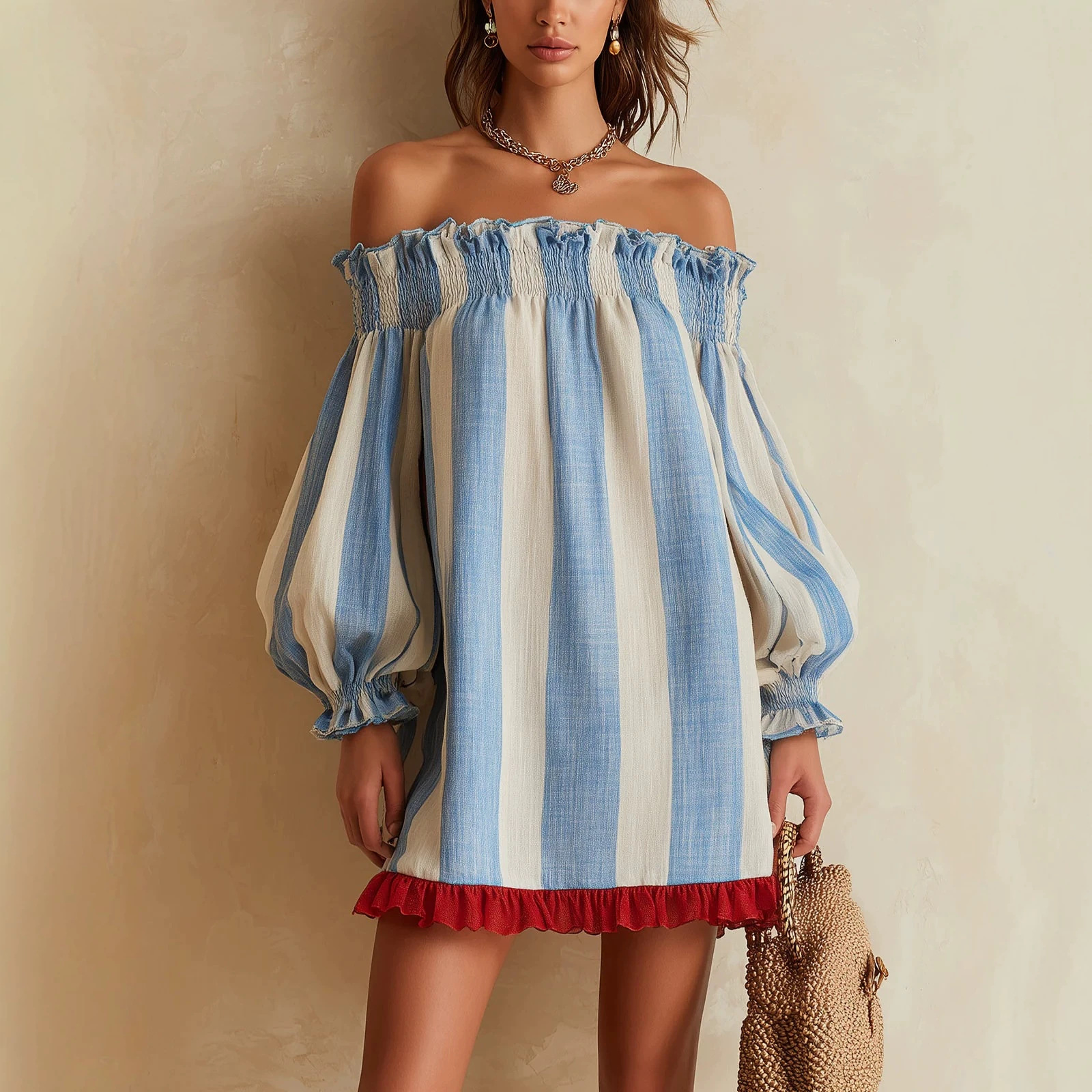 Blue & White Vertical Striped Off-Shoulder Puff-Sleeve Mini Dress with Contrast Ruffle Trim
