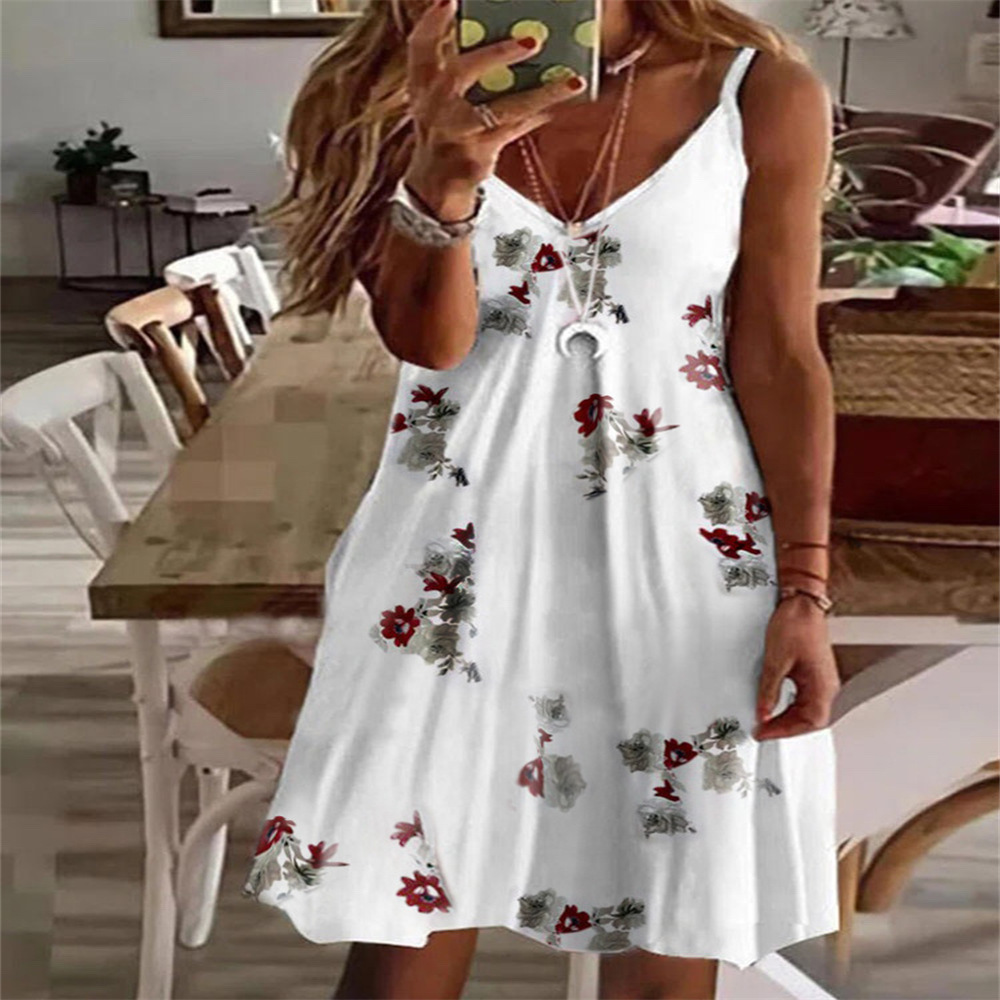 Women's Sexy V-Neck Printed Cami Dress Loose Fit