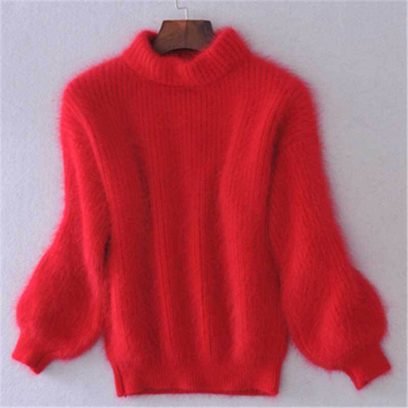 Korean Lantern Sleeve Mink Hair Half Turtleneck Pullover Sweater