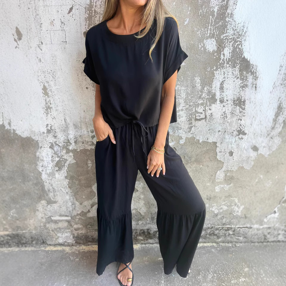 Women's Solid Color Cotton-Linen Short Sleeve Two-Piece Set