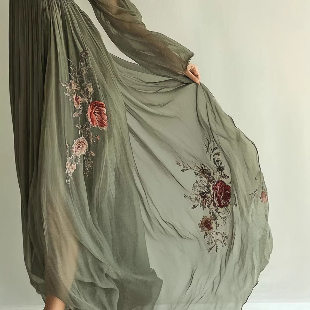 Digital Print Long Sleeve V-Neck Maxi Dress