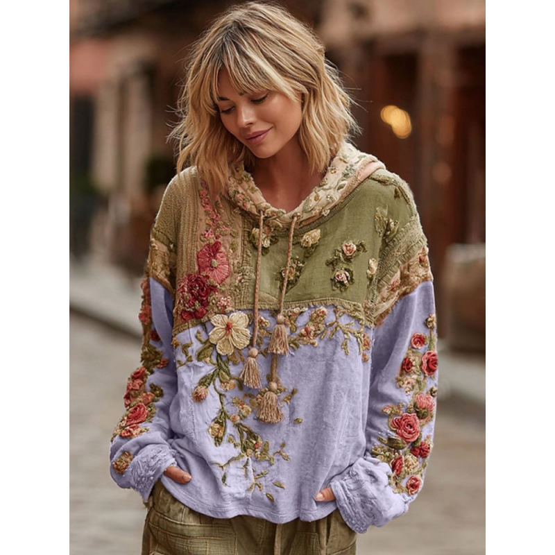 Japanese Cherry Blossom Print Loose Crewneck Sweatshirt