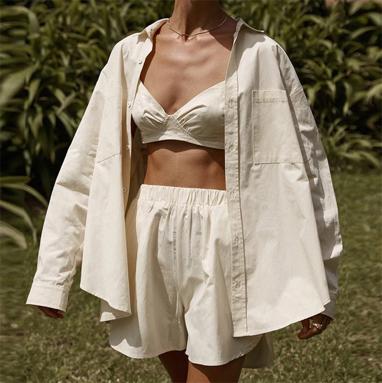 Striped Button-Front Long-Sleeve Collared Shirt & Shorts 3-Piece Set