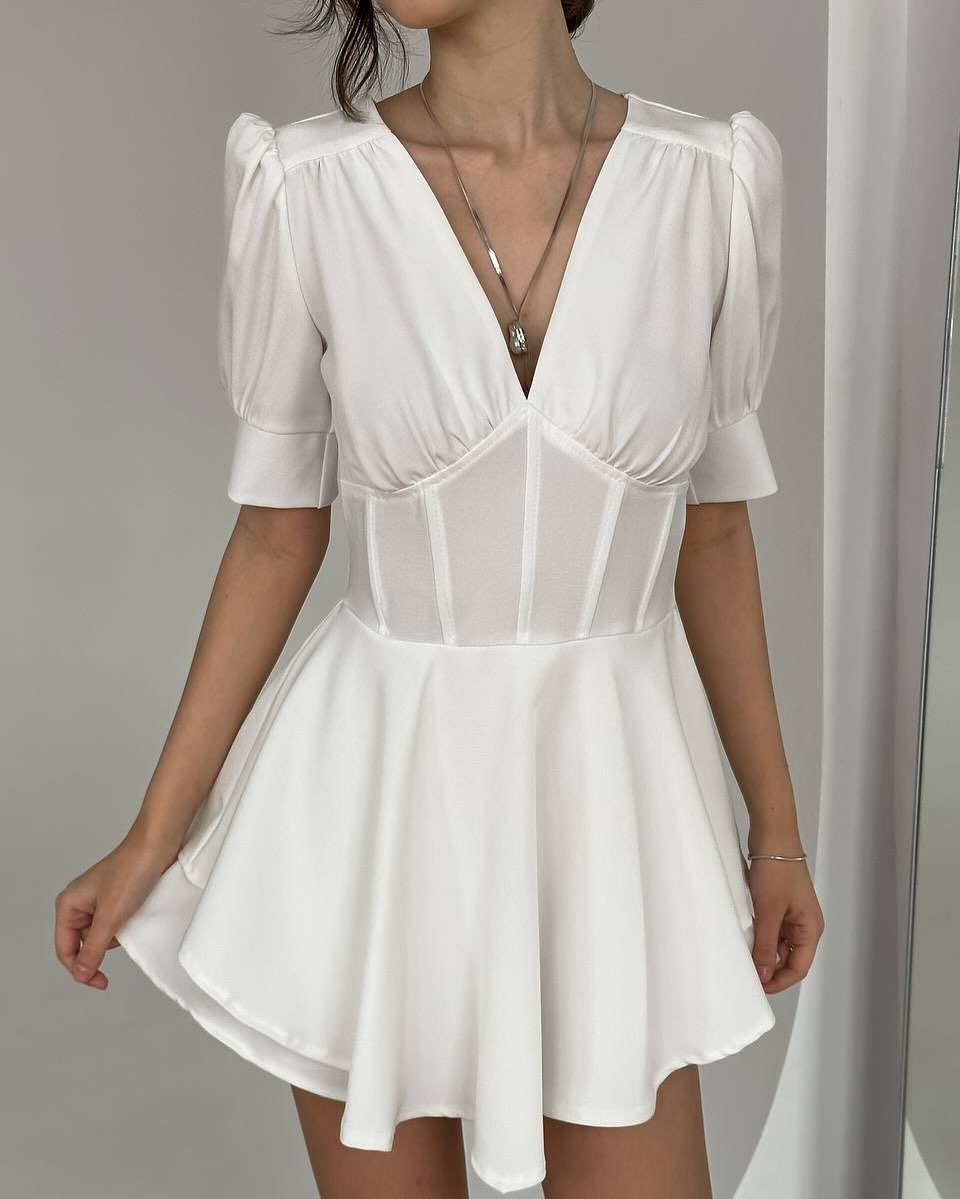 Puff Sleeve V-Neck Waist-Cinched Short Dress with Built-In Shorts
