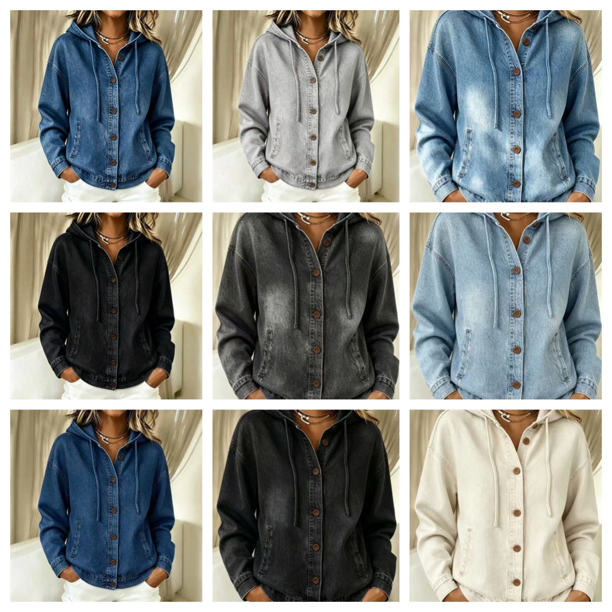 Women's Washed Denim Hooded Bomber Jacket Casual Long Sleeve