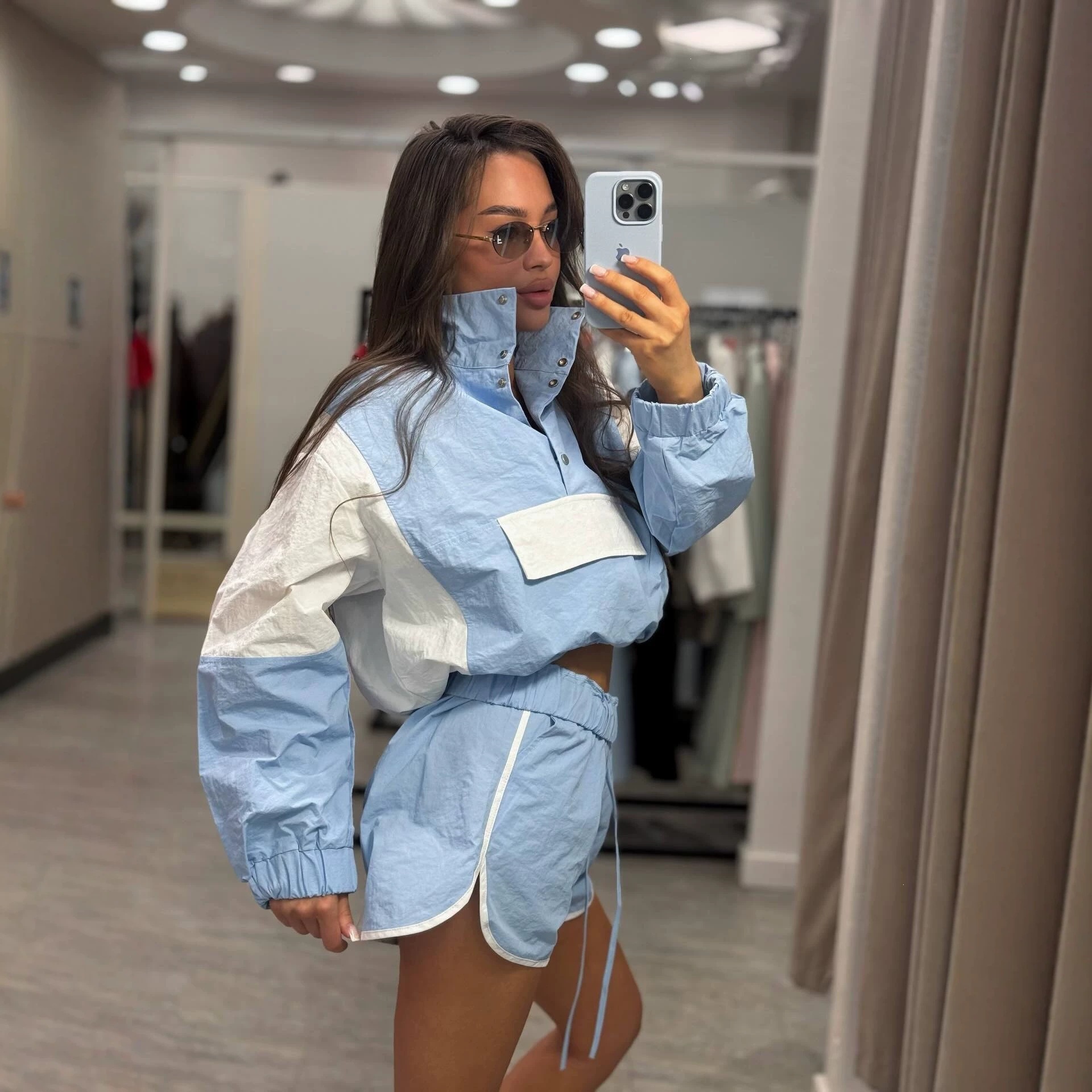 Colorblock Two-Piece Lightweight Stand Collar Drawstring Jacket and Elastic Waist Shorts Set
