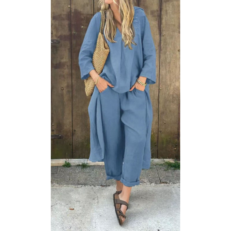 Women's Plus Size Cotton-Linen V-Neck Long Sleeve Top & Pants Set Casual Loungewear