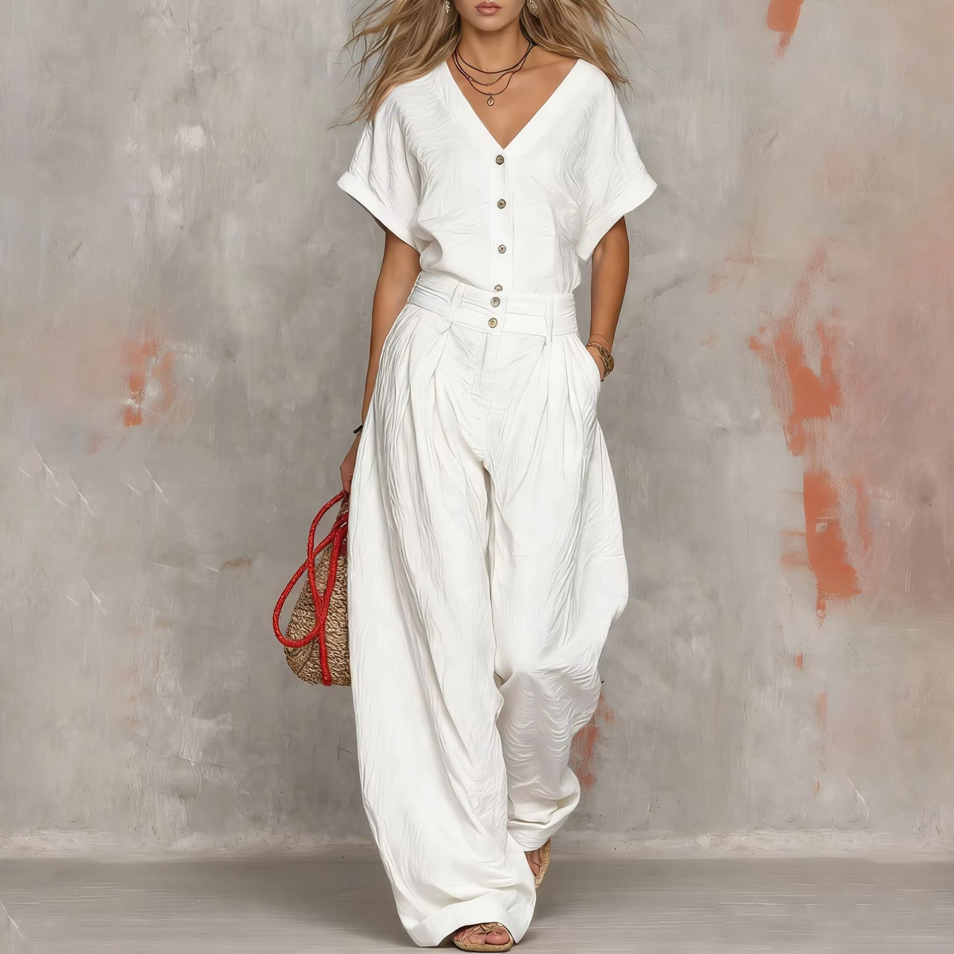 Women's Two-Piece Shirt and Wide-Leg Pants Set Casual Comfortable