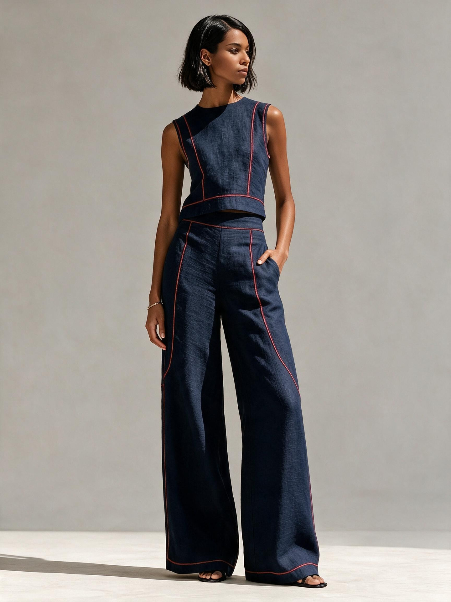 Sleeveless Color-Block Wide-Leg Pants Set Women's Casual Two-Piece