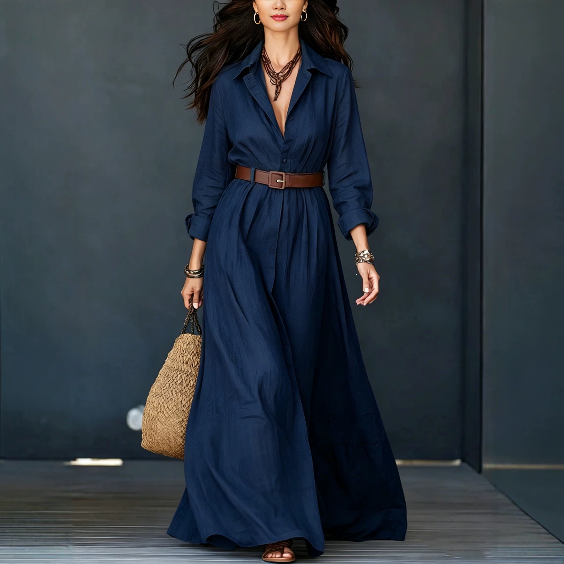 Women's Cotton-Linen Shirt Dress with Collar, Long Sleeves, Belted, Floor-Length