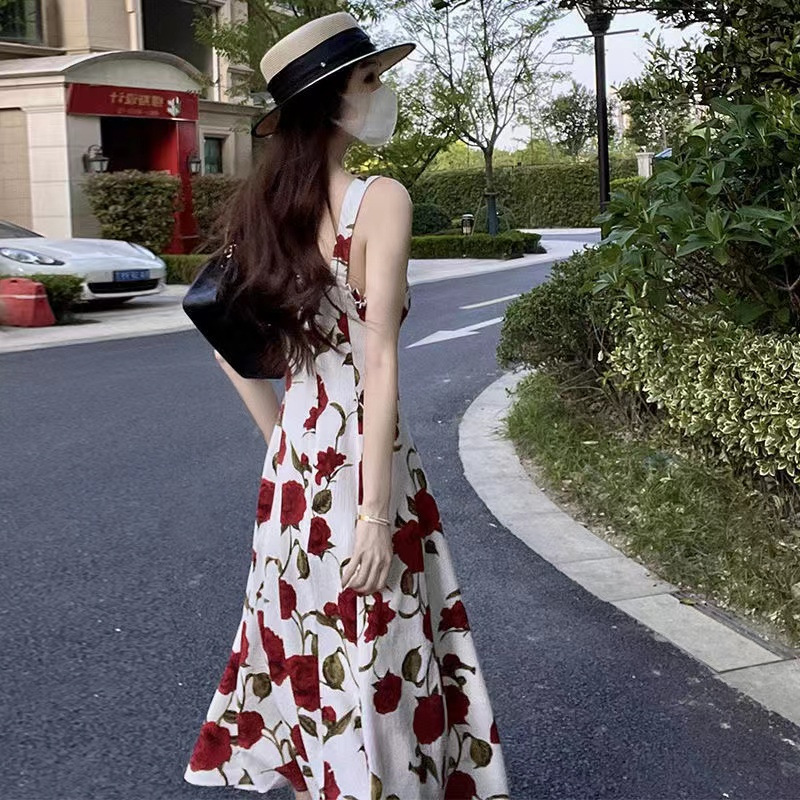 Rose Print Midi Slip Dress Square Neck A-Line