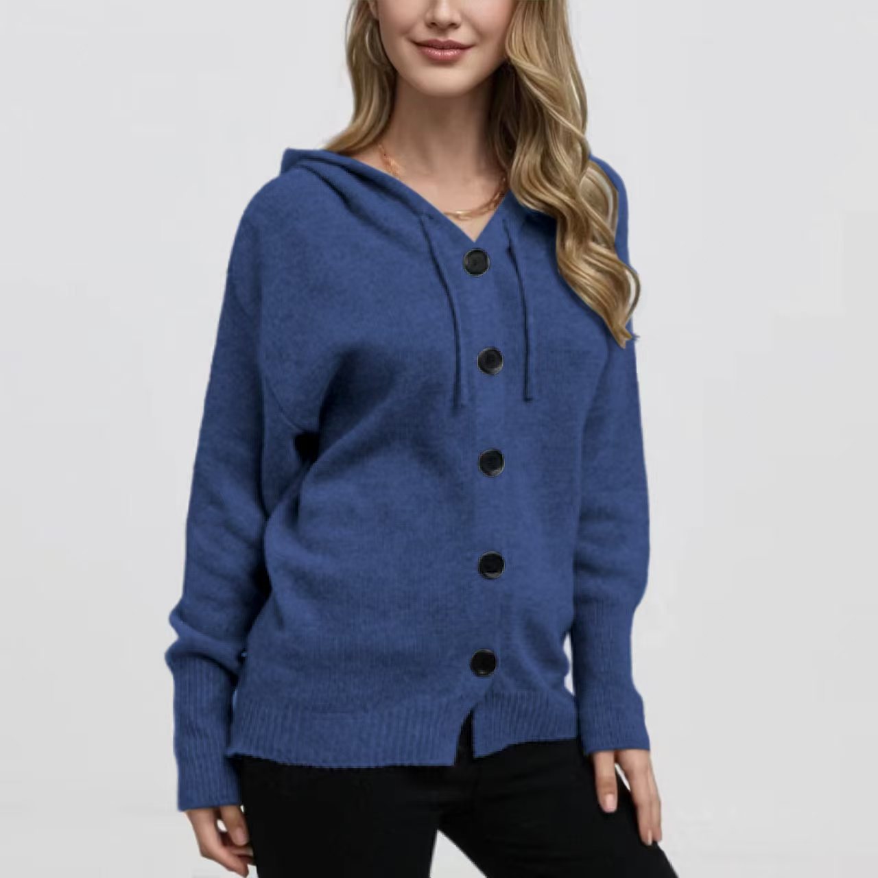 Women's Hooded Button-Front Cardigan Sweater V-Neck Solid Knit