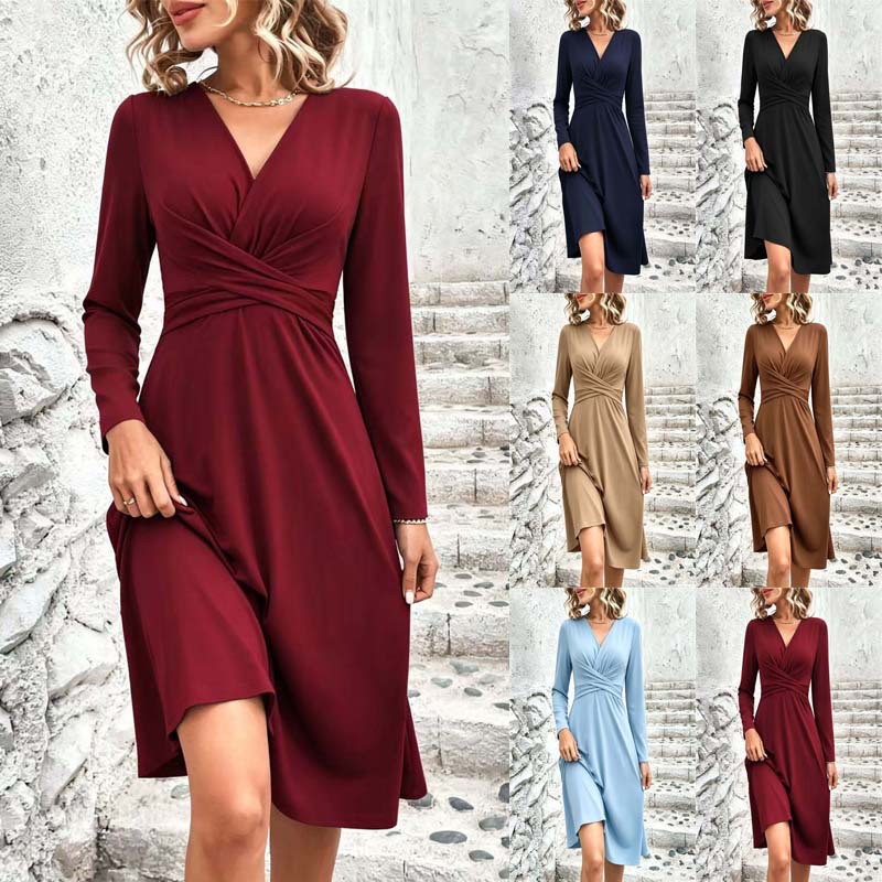 Solid V-Neck Cross Ruched Long Sleeve Midi Dress