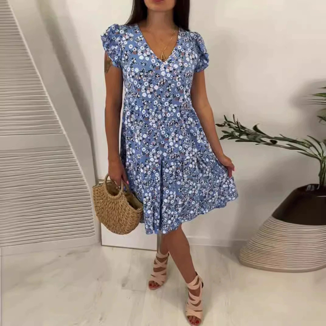 Women's Floral Print V-Neck Short Sleeve Midi Dress