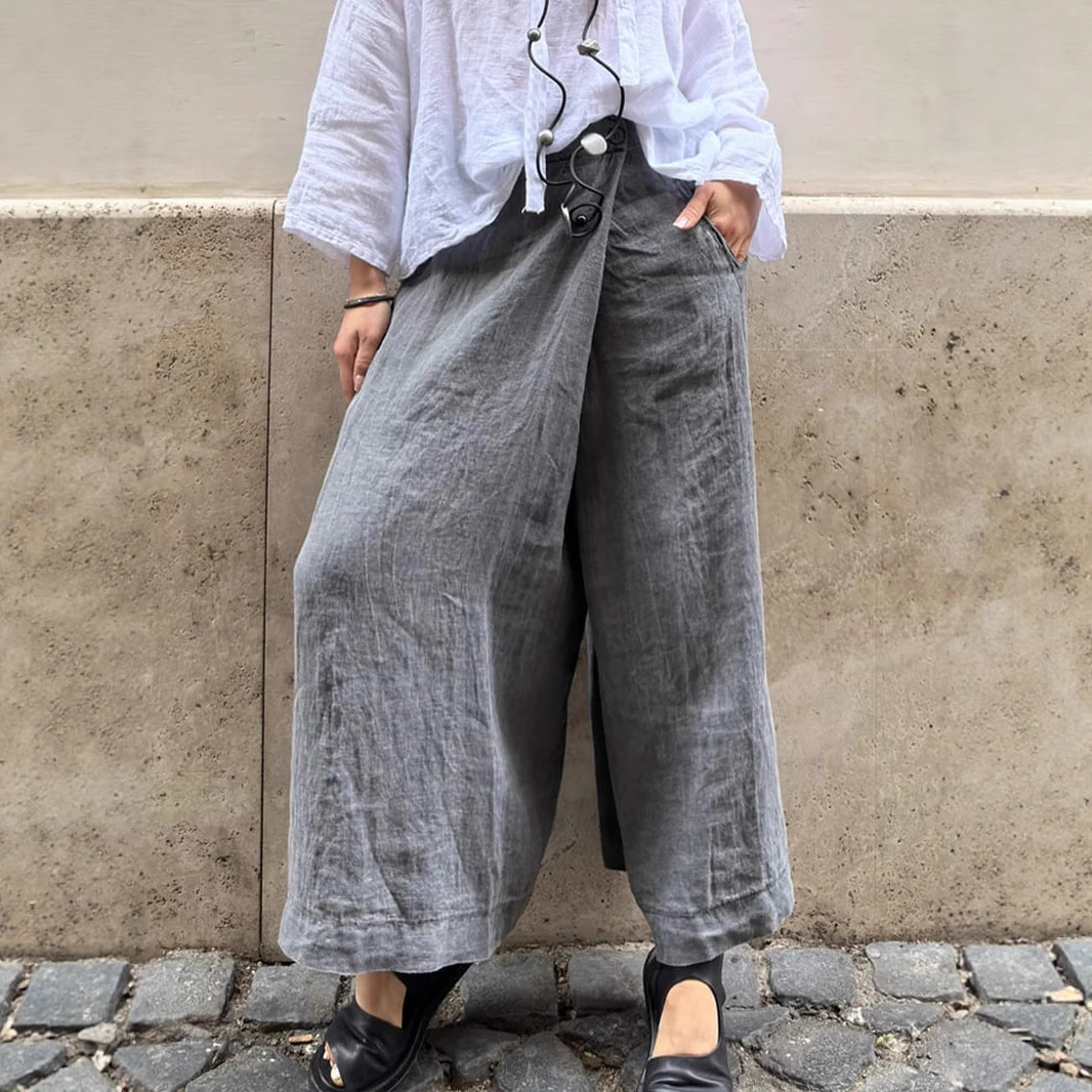Women's Solid Color Wide-Leg Pants with Pockets and Elastic Waist
