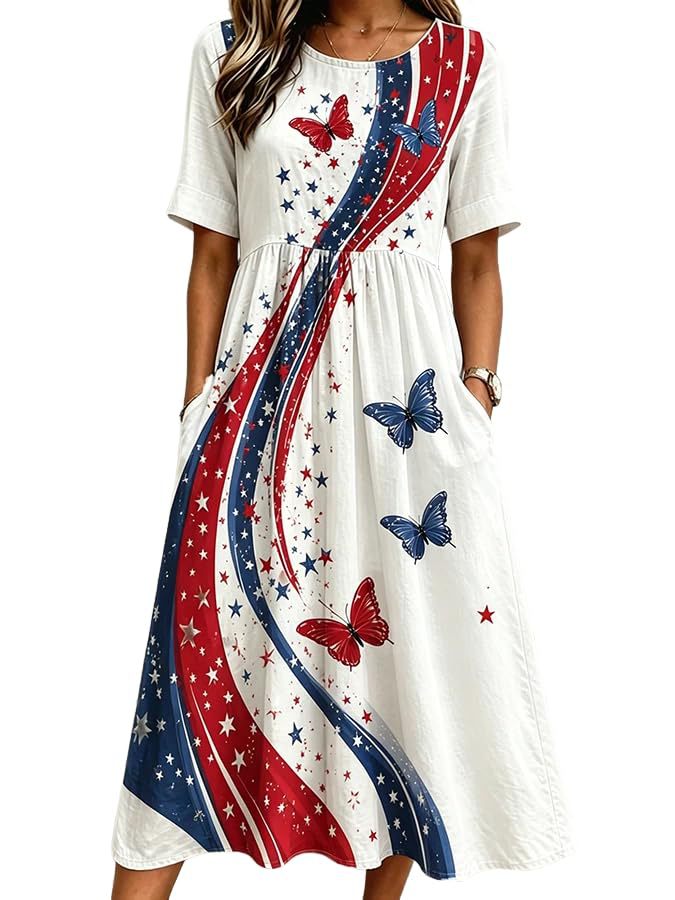 Women's Floral Butterfly Print Pleated Midi Dress