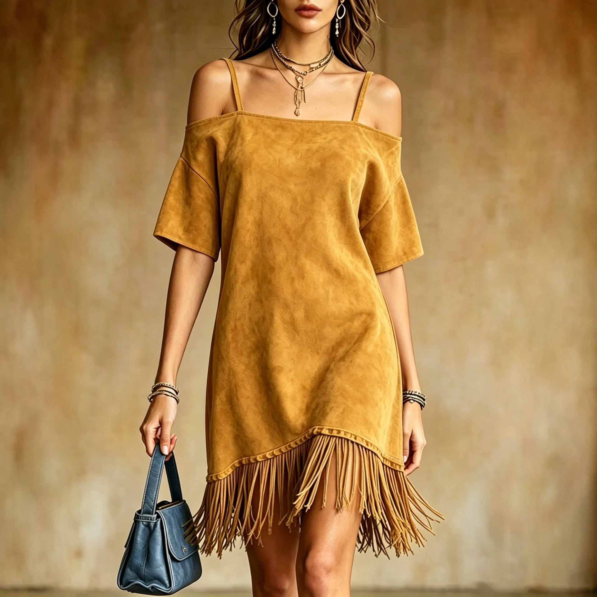 Suede Off-Shoulder Cami Dress with Fringe Hem Western Midi