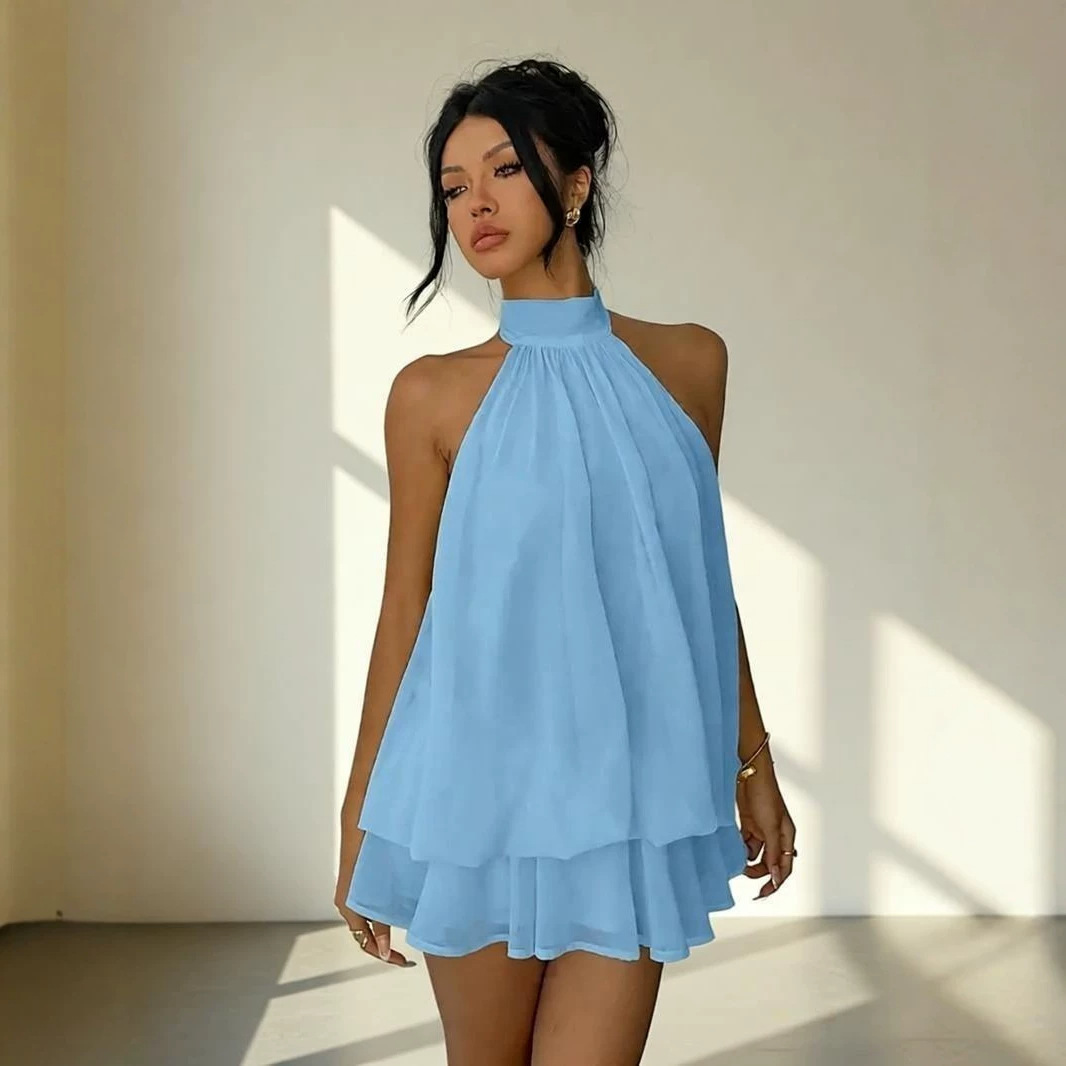 Women's Halter Neck Chiffon Dress High Waist A-Line Mini Vacation Dress