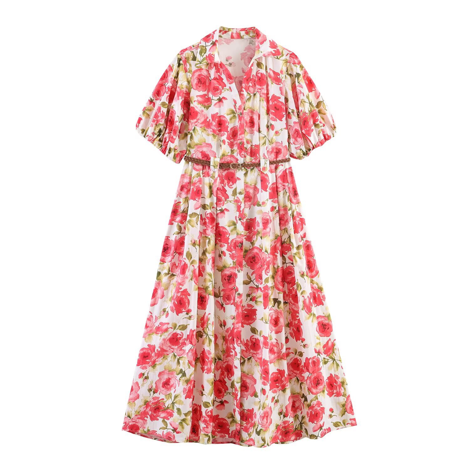 Floral Print Belted Dress with Collar and Puff Sleeves