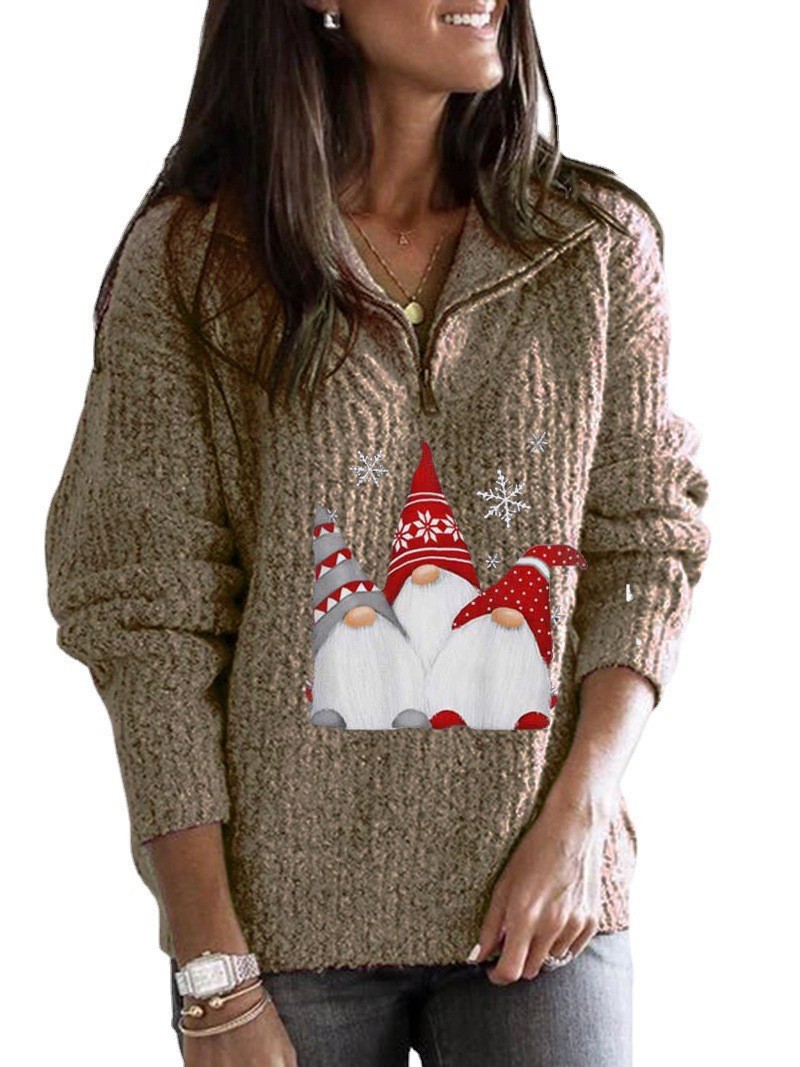 Christmas Santa Print Zip-Up Long-Sleeve Knit Sweater for Women